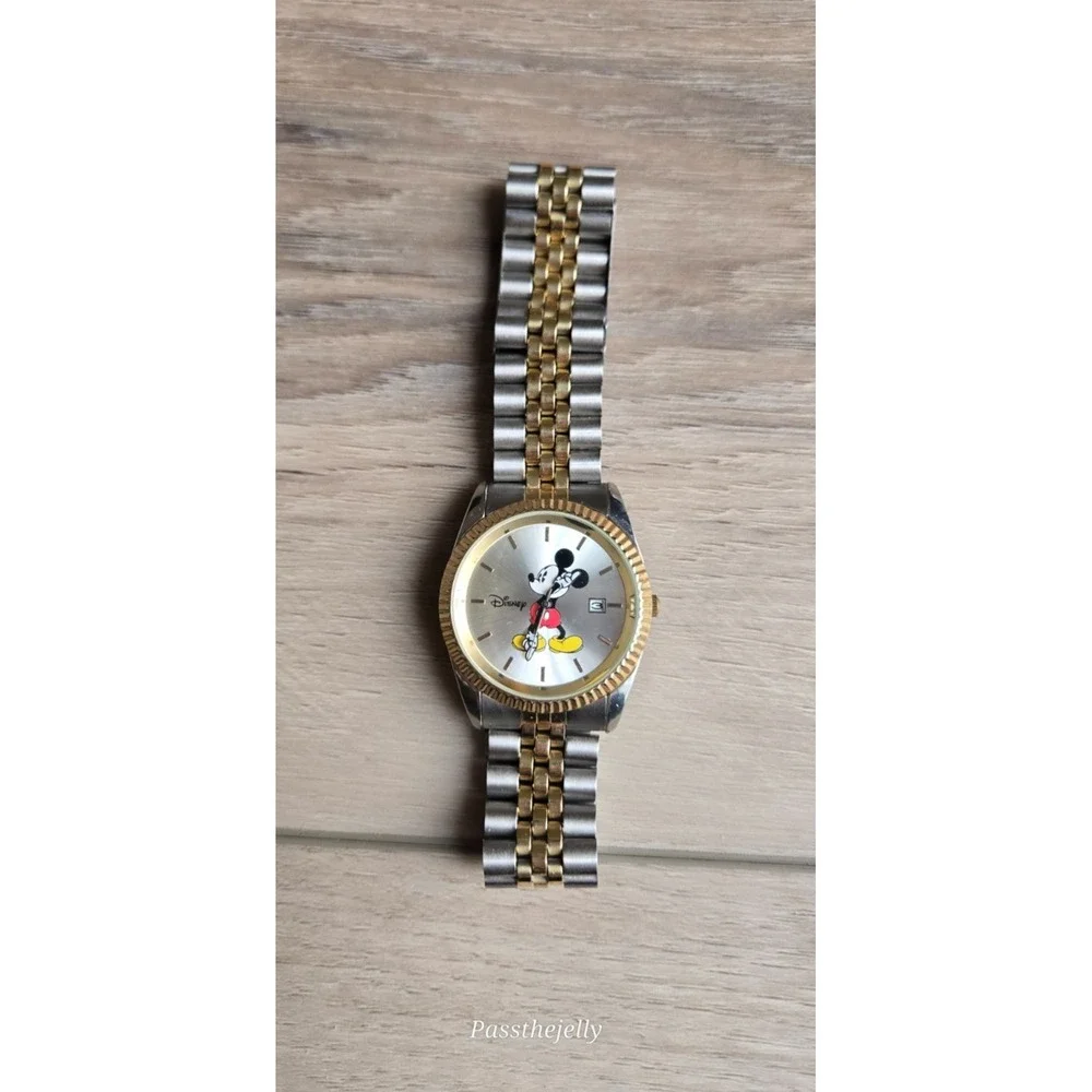 Vintage Disney Mickey Mouse Watch Mens Two Tone Gold Stainless Steel Quartz Date